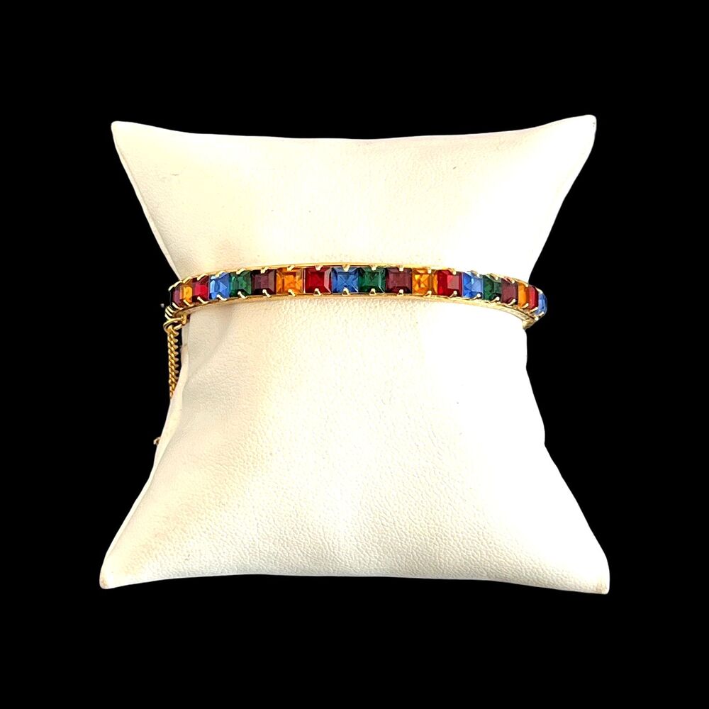 Vintage 1960s Clamper Bracelet Multicolor Crystal Rhinestone Gold Tone - 15B